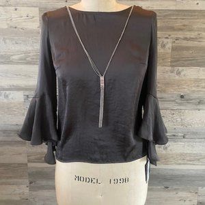 Charcoal Hammered Satin Blouse Back Tie Detail Size S